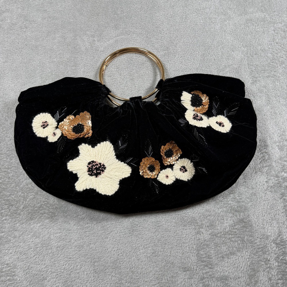 Anthropologie Velvet Floral Clutch Women OS Black Embroidered Sequin Ring Handle